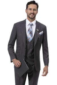 Modern Fit Wide Lapel Suit - Peak Lapel Suit with Double breasted Vest in Black - Navy Blue - Gold - Charcoal - Brown - Purple - Hunter