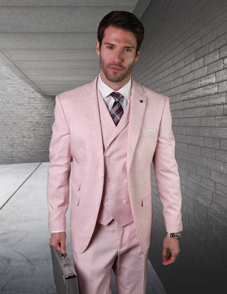 Mens Ticket Pocket Peak Lapel Double Breasted Vest 100% Wool Tom Ford Style Modern Fit in Color Pink By Statement