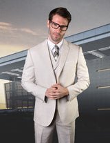 Mens Ticket Pocket Peak Lapel Double Breasted Vest 100% Wool Tom Ford Style Modern Fit in Color Tan By Statement