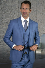 Men's Designer Modern Fit Vested Wool Sharkskin Suit in Steel Blue Modern Fit