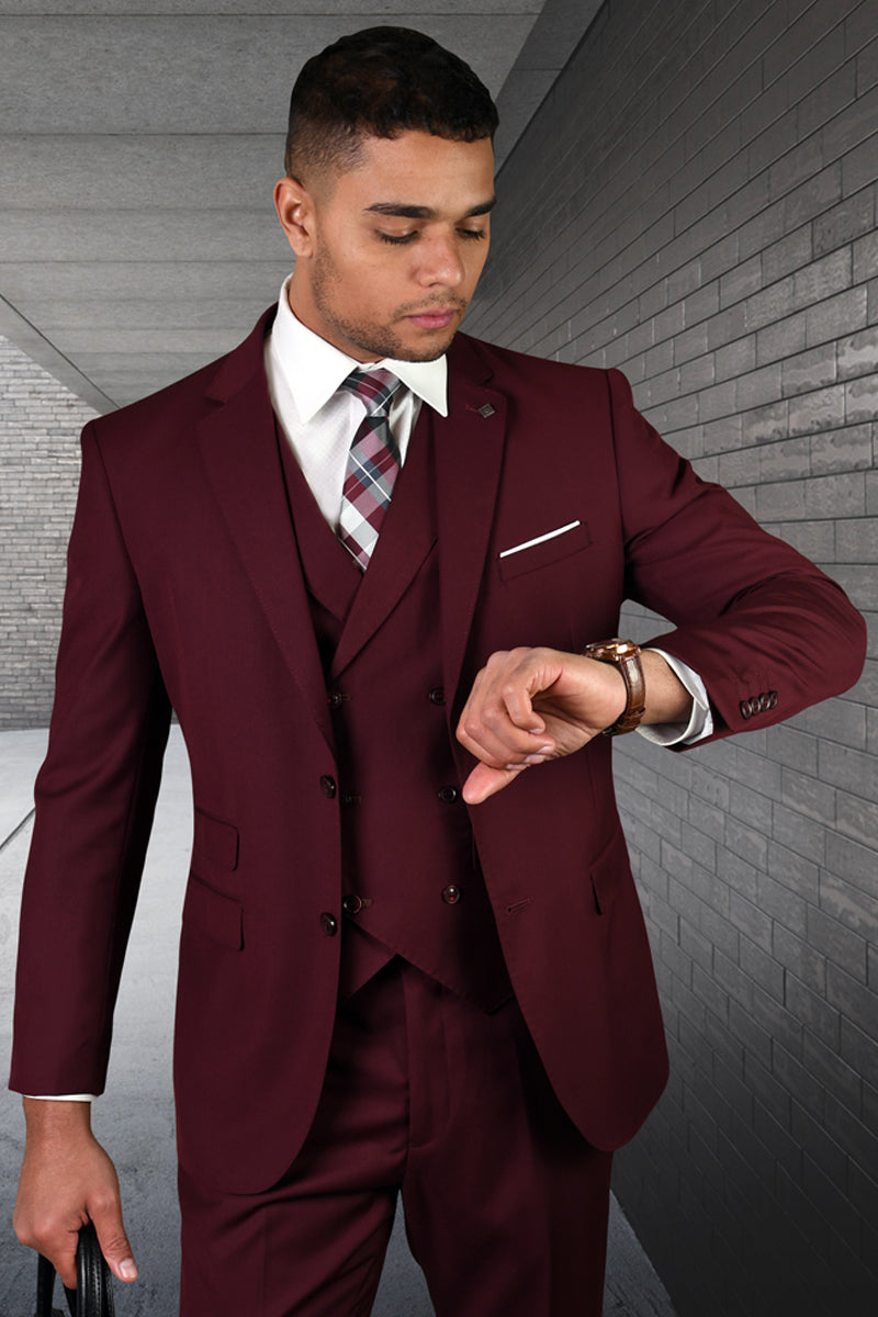 Men's  Designer Wool Suit in Burgundy with a Double Breasted Vest Modern Fit