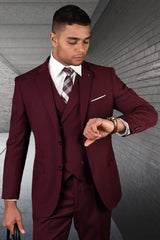 Men's  Designer Wool Suit in Burgundy with a Double Breasted Vest Modern Fit