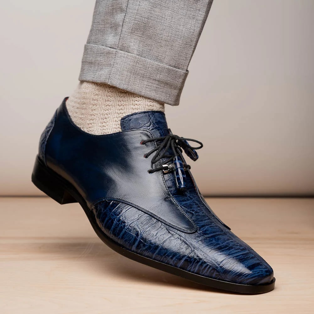 Marco Di Milano Anzio Exotic Alligator & Calfskin Leather Blue Oxfords - Image 7