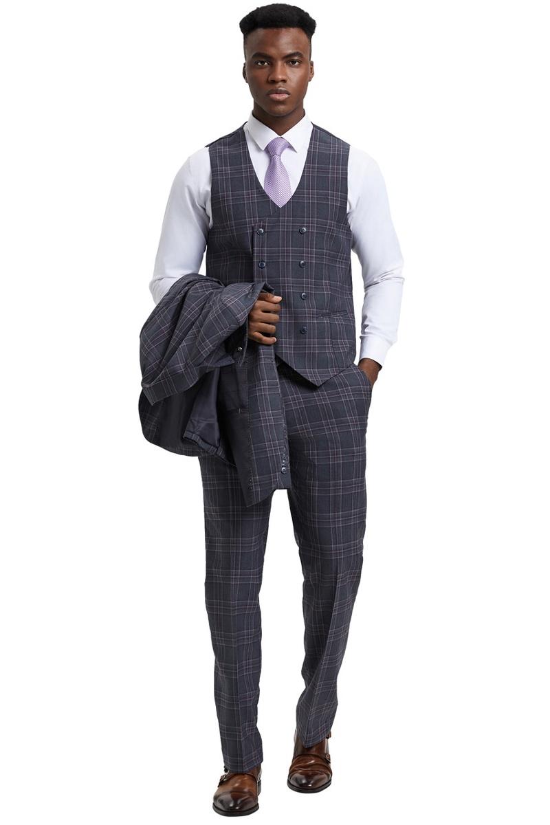Men's Stacy Adams One Button Peak Lapel Double Breasted Vest Suit in Charcoal Grey Plaid - Image 4