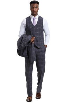 Men's Stacy Adams One Button Peak Lapel Double Breasted Vest Suit in Charcoal Grey Plaid - Image 4