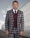 Mens 2 Button Peak Lapel Wool Suit with Double Breasted Vest in Burgundy Plaid