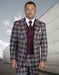 Mens 2 Button Peak Lapel Wool Suit with Double Breasted Vest in Burgundy Plaid