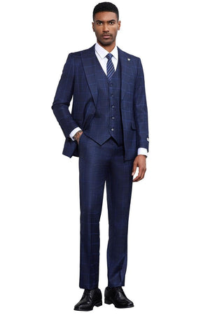 Men's Stacy Adams Classic One Button Vested Windowpane Suit in Navy Blue - Image 2