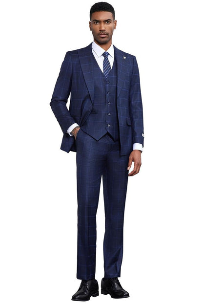 Men's Stacy Adams Classic One Button Vested Windowpane Suit in Navy Blue - Image 2