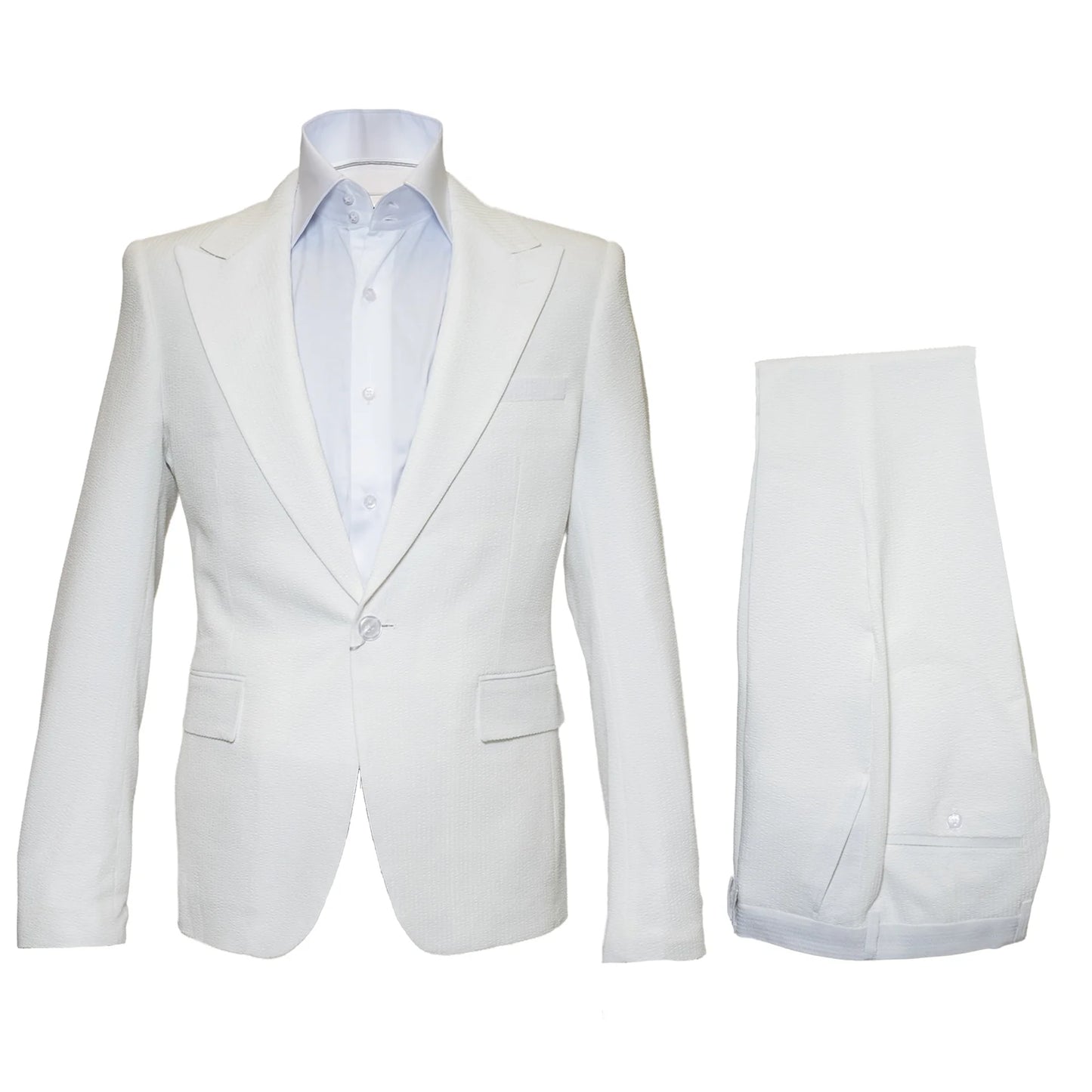 Seersucker Suit Peak Lapel Suit in Color "White" - Summer Fabric Tone on Tone Shadow Stripe By Rossiman Modern Fit