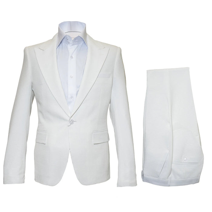 Seersucker Suit Peak Lapel Suit in Color "White" - Summer Fabric Tone on Tone Shadow Stripe By Rossiman Modern Fit