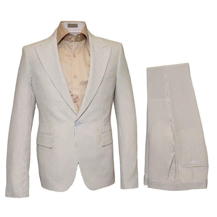 Seersucker Suit Peak Lapel Suit in Color "Beige" - Summer Fabric Tone on Tone Shadow Stripe By Rossiman Modern Fit
