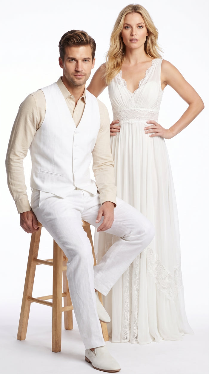 Men'S Beach WeddinMen’s White Linen Beach Wedding Vest and Pants Set, Formal Waistcoat Tuxedo Outfitg Tuxedo Linen Dress Tuxedo Wedding Men'S Vest ~ Waistcoat ~ Waist Coat & Pants