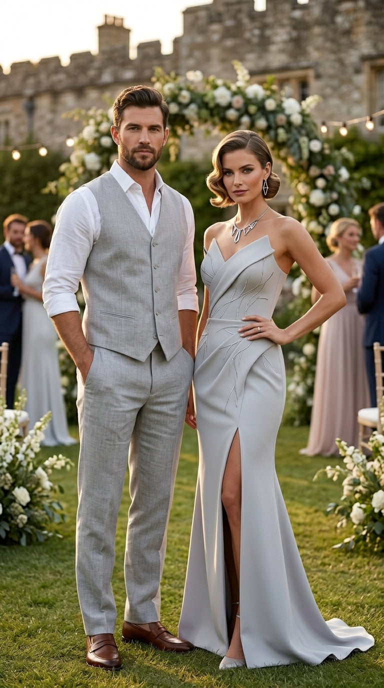 Men’s Light Grey Linen Vest and Pants Set, Beach Wedding Summer Formal Outfit