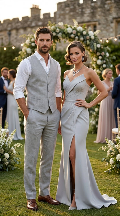 Men’s Light Grey Linen Vest and Pants Set, Beach Wedding Summer Formal Outfit