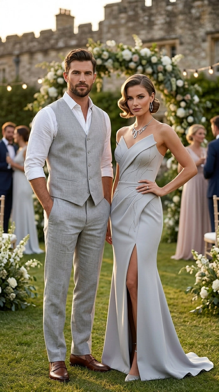 Men’s Light Grey Linen Feel Vest and Pants Set, Beach Wedding Summer Formal Outfit