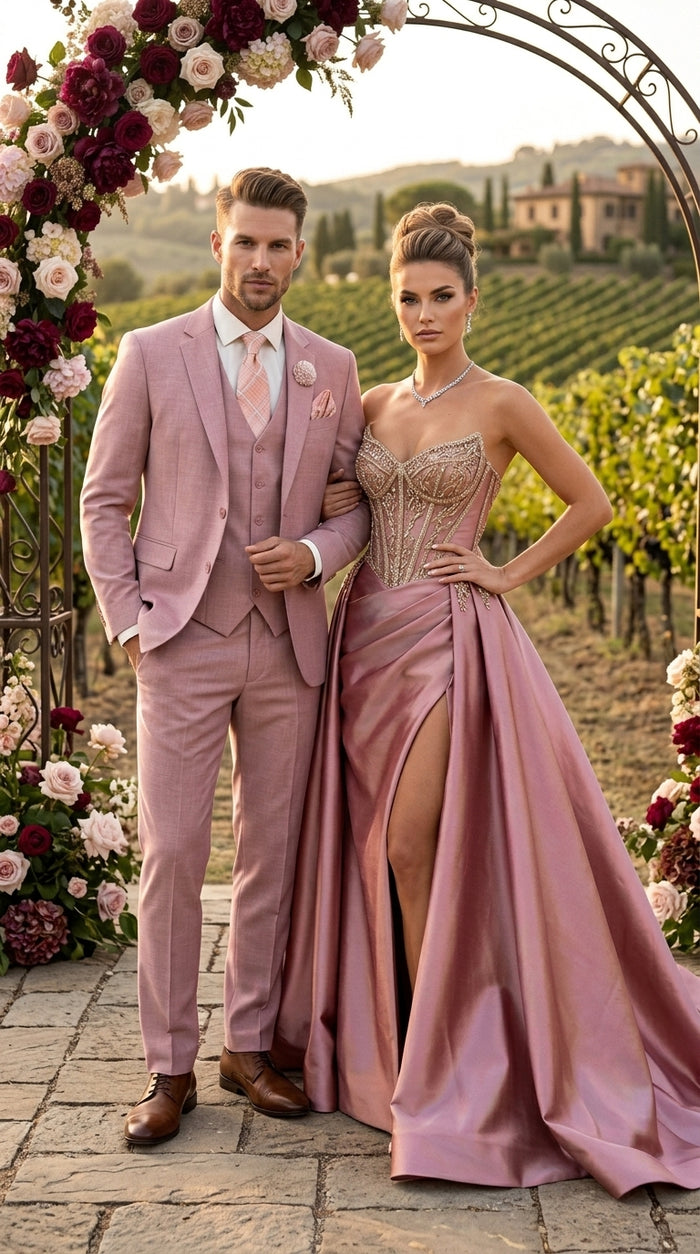 Men’s Mauve Rose Gold Light Pink 3 Piece Wedding Suit, Formal Vested Groom Prom Suit Set