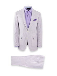 Mens Lavender Seersucker Suit Blazer + Pants Cotton Fabric - Summer Fabric in Purple color