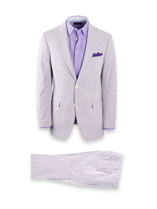 Mens Lavender Seersucker Suit Blazer + Pants Cotton Fabric - Summer Fabric in Purple color