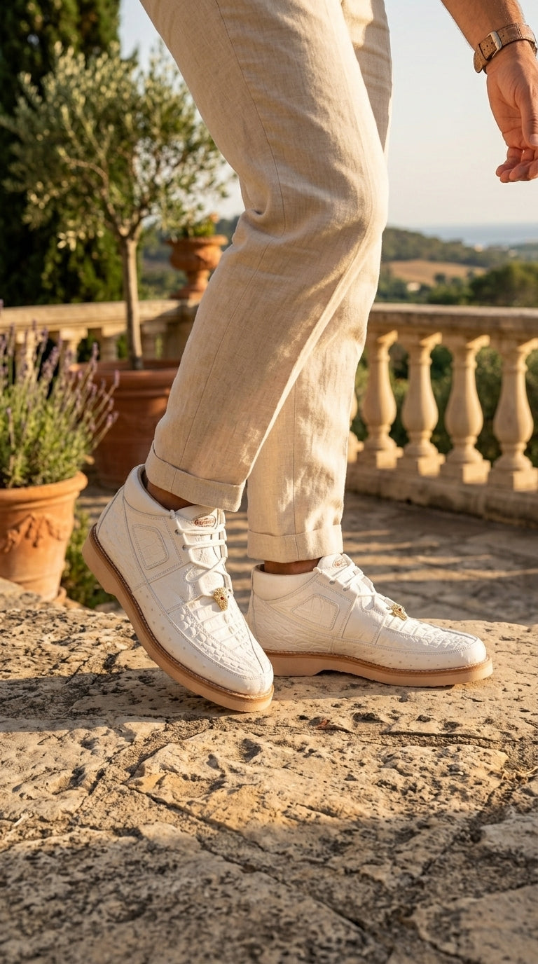 Los Altos Men’s White Caiman and Ostrich Skin Casual Sneakers, Exotic Leather Lace Up Shoes