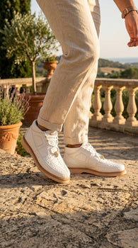 Los Altos Men’s White Caiman and Ostrich Skin Casual Sneakers, Exotic Leather Lace Up Shoes