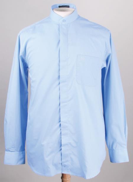 Light Blue Oriental Mao Chines Style collarless Mandarin Preacher Banded Collar Men's Dress Shirt