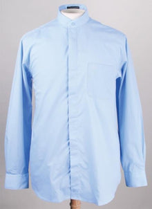 Light Blue Oriental Mao Chines Style collarless Mandarin Preacher Banded Collar Men's Dress Shirts
