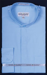 Banded Preacher Round Style Mandarin Collarless Light Blue Oriental Mao Chines Style Men's Dress Shirts