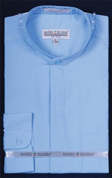 Banded Preacher Round Style Mandarin Collarless Light Blue Oriental Mao Chines Style Men's Dress Shirts