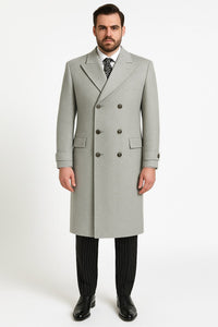 Mens Light Gray Double-Breasted Wool Overcoat – Classic Long Dress Coat for Winter
