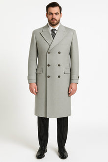Mens Light Gray Double-Breasted Wool Overcoat – Classic Long Dress Coat for Winter