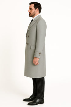 Mens Light Gray Double-Breasted Wool Overcoat – Classic Long Dress Coat for Winter - Image 2