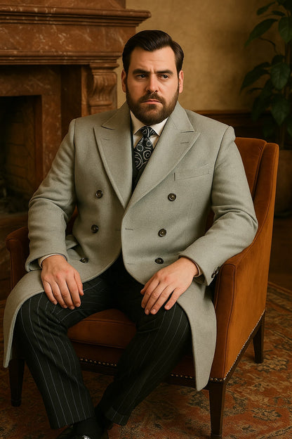 Mens Light Gray Double-Breasted Wool Overcoat – Classic Long Dress Coat for Winter - Image 3
