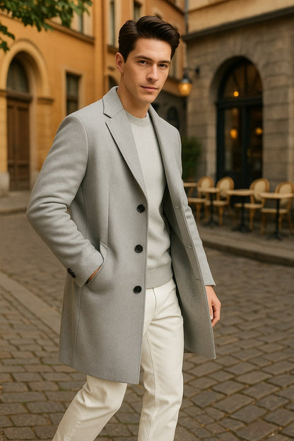 Mens Light Gray Wool Overcoat – Classic Single-Breasted Winter Coat - Image 2