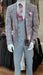 Light Grey With Burgundy Window Pane - Gray Plaid Suit With Double Breasted Vest Suit