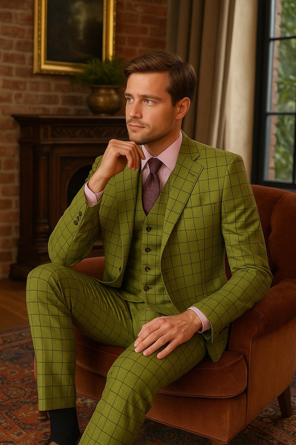 Mens Light Olive Green Three-Piece Plaid Suit with Notch Lapel - Sage Green Windowpane Pattern - Image 3
