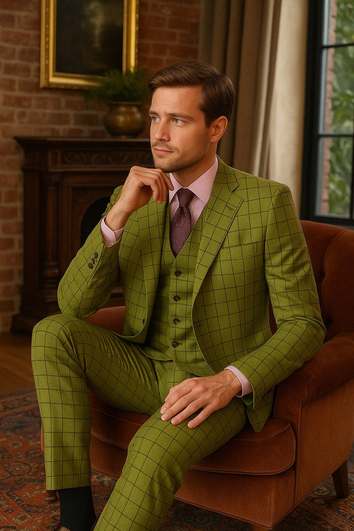 Mens Light Olive Green Three-Piece Plaid Suit with Notch Lapel - Sage Green Windowpane Pattern - Image 3