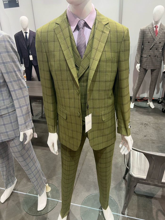 Mens Light Olive Green Three-Piece Plaid Suit with Notch Lapel - Sage Green Windowpane Pattern - Image 4