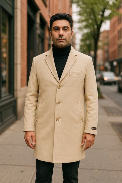 Mens Beige Wool Overcoat with Classic Notch Lapel and Single-Breasted Closure - Light Tan Sand Color - Image 3