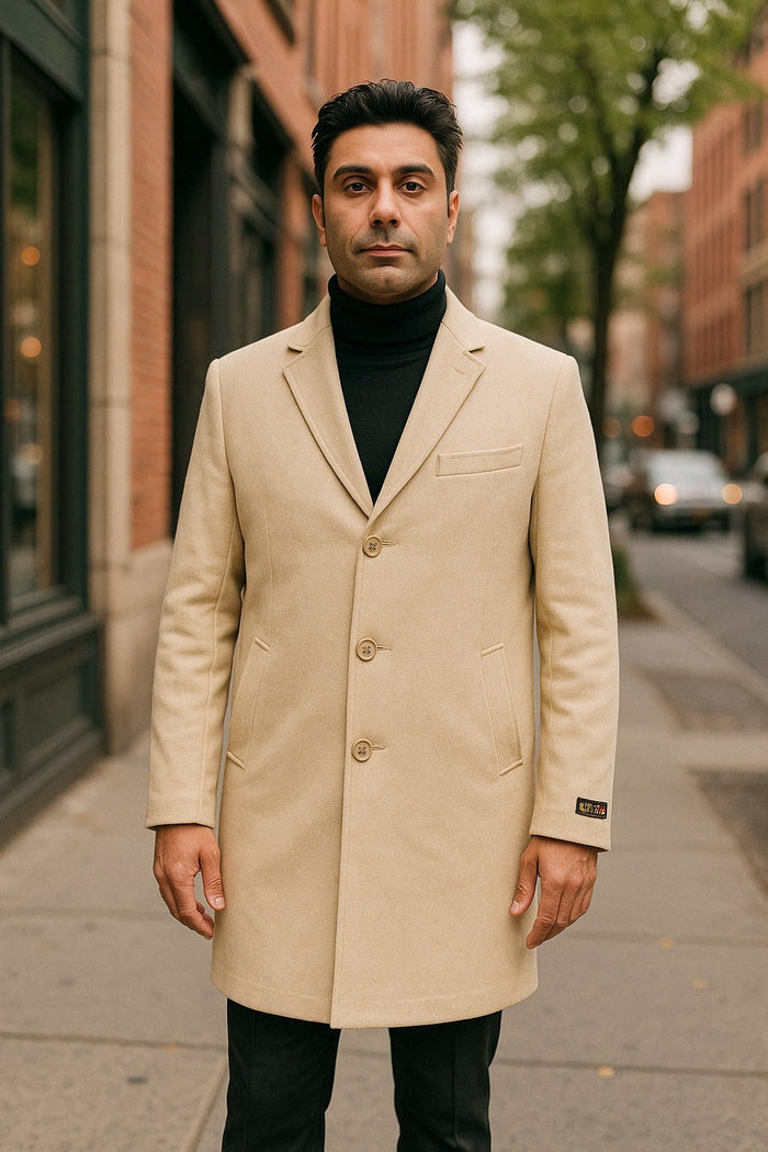 Mens Beige Wool Overcoat with Classic Notch Lapel and Single-Breasted Closure - Light Tan Sand Color - Image 3