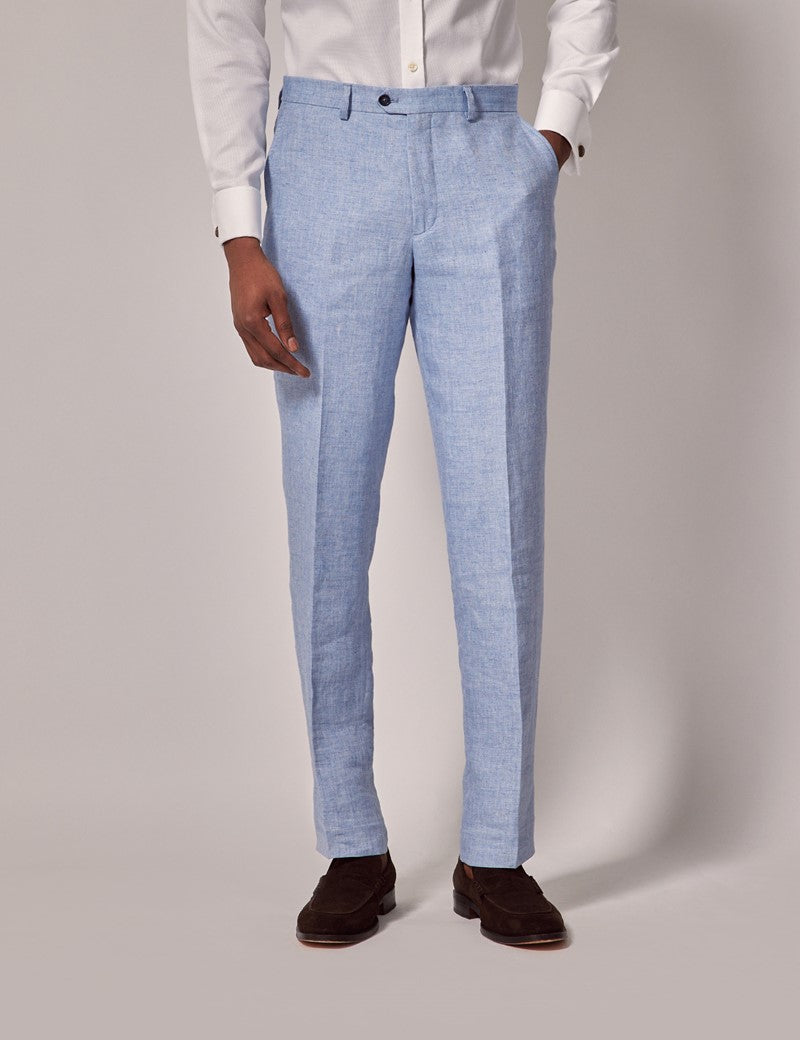 Mens Linen Suit For Beach Wedding - Summer Suit in Light Blue Herringbone