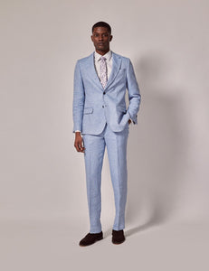 Mens Linen Suit For Beach Wedding - Summer Suit in Light Blue Herringbone