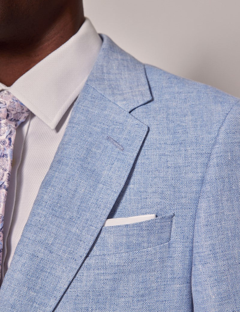 Mens Linen Suit For Beach Wedding - Summer Suit in Light Blue Herringbone