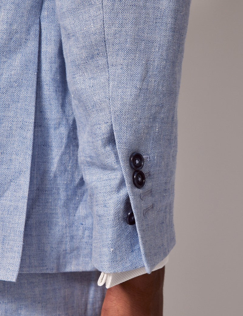 Mens Linen Suit For Beach Wedding - Summer Suit in Light Blue Herringbone