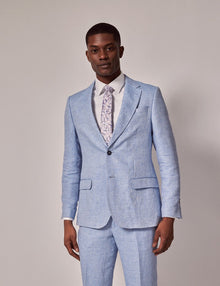 Mens Linen Suit For Beach Wedding - Summer  Suit in Light Blue Herringbone