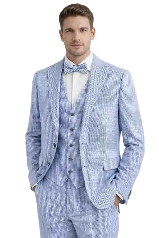 Mens Light Blue Checkered 3 Piece Suit – Slim Fit Vested Wedding and Formal Suit