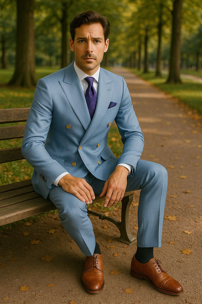 Mens Light Blue Double-Breasted Suits with Gold Button – Slim Fit 2-Piece Formal Set in Sky Blue Color - Image 3