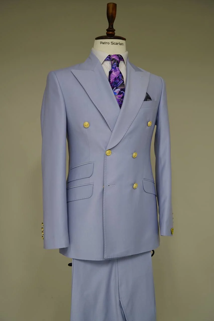 Mens Light Blue Double-Breasted Suits with Gold Button – Slim Fit 2-Piece Formal Set in Sky Blue Color - Image 4