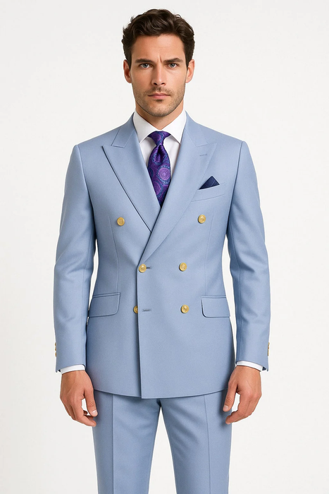 Mens Light Blue Double-Breasted Suits with Gold Button – Slim Fit 2-Piece Formal Set in Sky Blue Color