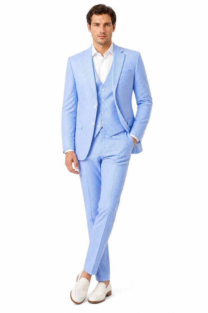 Men's  Notch Label Orange Colour Summer Seersucker Fabric Jacket and Pants 3 Piece Suit